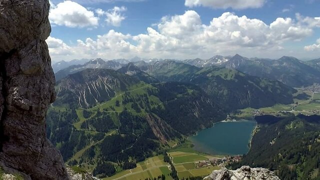 via ferrata rote flueh haldensee oesterreich climbing in alpes landscape scene view panorama mountains