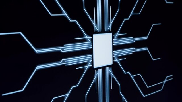 Human finger is pressing a digital button on a glowing touchscreen. Futuristic microprocessor is starting the operation of the computer program. Machine learning and artificial intelligence.