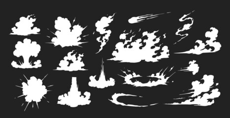 Smoke illustration set  for special effects template. Explosion, bomb,  steam clouds, mist, fume, fog, dust, dash,or  vapor  2D VFX Clipart element for animation - obrazy, fototapety, plakaty