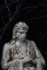 Fototapeta na wymiar An broken statue of Mary old cemetery. Overgrown with ivy (concept death, religion)