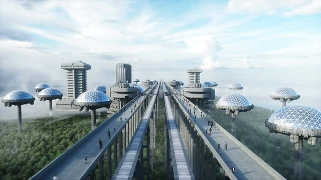 futuristic train station with monorail and train. traffic of people, crowd. Concrete architecture. Future concept. Realistic 4k animation.