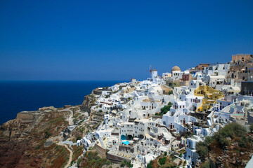 View of the sea and the city of Oia, Santorini, Greece.