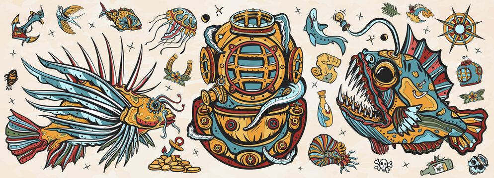 Underwater world. Old school tattoo vector collection. Scuba diver helmet, octopus kraken  tentacles. Sea monsters. Angler fish, lionfish, jellyfish. Deep water diving art. Treasures and life of ocean