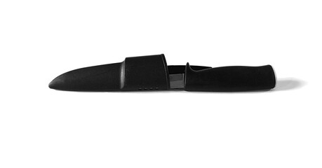 knife with a black handle in a black sheath