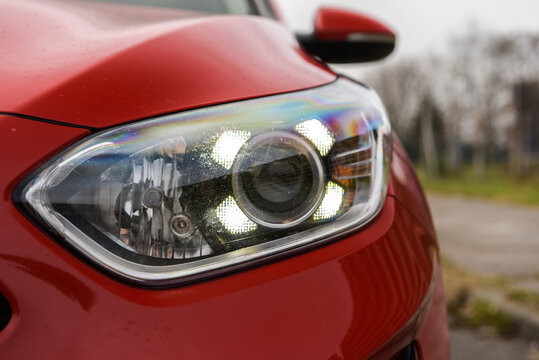 Close up of new LED headlights on new Kia Ceed vehicel.