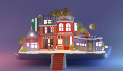 Fototapeta premium E-commerce 3d bank toy house on the street