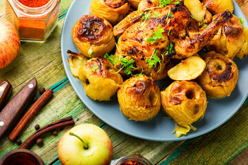Whole roasted hen with apples