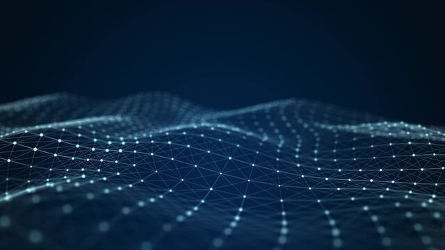 Futuristic abstract mesh. Wave with the connection of dots and lines. 3D rendering. Seamless loop.
