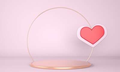 Valentine's Day interior with pedestal, hearts. Stand, podium, pedestal for goods. Love greeting card. 3d