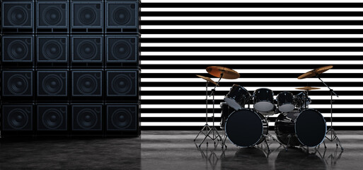 The drum kit stands between two walls of guitar amplifiers against a background of horizontal white glowing bands. Scene with drum kit and guitar amps. 3D Rendery