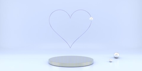 Valentine's Day interior with pedestal, hearts. Stand, podium, pedestal for goods. Love greeting card. 3d