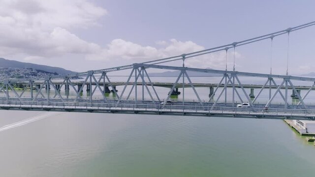 Aerial view of cable-stayed bridge Hercilio Luz. 4K.