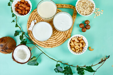 Various vegan plant based milk and ingredients, non-dairy milk, alternative types of vegan milks in glasses on a blue background , flat lay, top view with copy space