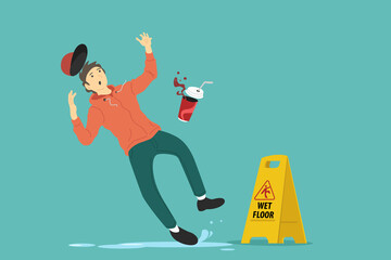 Wet floor caution sign. Man slips in water. Vector illustration.