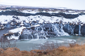 Hraunfossar Waterfall in Winter, Iceland
