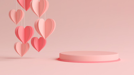 Valentines day podium with hanging paper hearts in 3D rendering. Cylinder shape for product display with valentine’s day concept. Pink and red colors, Pedestal, Podium, Stand, 3D illustration.