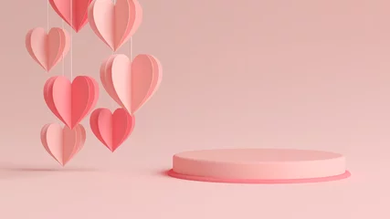 Fotobehang Valentines day podium with hanging paper hearts in 3D rendering. Cylinder shape for product display with valentine’s day concept. Pink and red colors, Pedestal, Podium, Stand, 3D illustration. © AdriaVidal