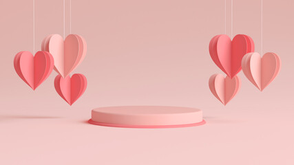 Valentines day podium surrounded by hanging hearts in 3D rendering. Cylinder shape for product display with valentine’s day concept. Pink and red colors, Pedestal, Podium, Stand, 3D illustration.