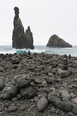 Rock needle at stoney beach on Madeira Island