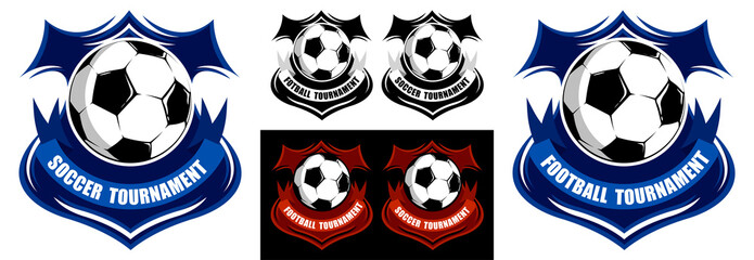 Classic football sporting emblems. Soccer ball on background of stylized shield. Tournament symbol. Easy to edit color. Vector