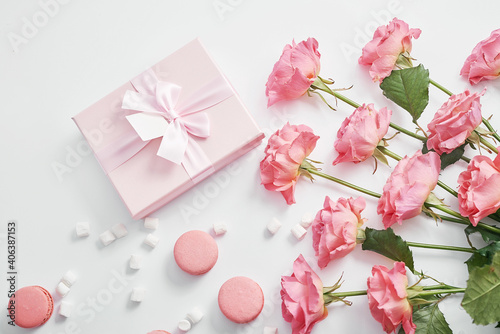 Valentine's day greeting card. Flowers and gifts boxes on white background. Happy birthday and mother's day template.