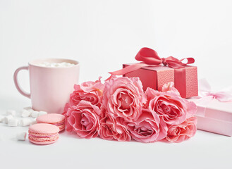 Valentine's day greeting card. Flowers and gifts boxes on white background. Happy birthday and mother's day template.