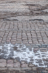 old brick pavement with ice