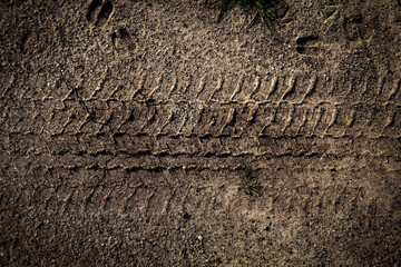 Tyre track on dirt sand or mud, Picture in retro or grunge tone. Car drive on sand. off road track. Track on grass field. Track in farm.