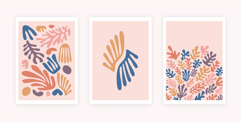 Abstract coral poster set. Contemporary organic shapes colorful corals Matisse style. Vector minimalist illustration