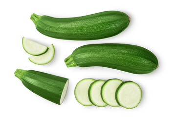 Fresh whole zucchini isolated on white background with clipping path and full depth of field, Top view. Flat lay