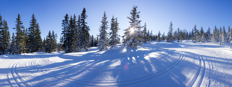 Beautiful cross country ski trail on the Rossbrand mountain at sunset (Filzmoos, Salzburg county, Austria)