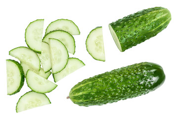 Sliced cucumber isolated on white background with clipping path and full depth of field, Top view. Flat lay