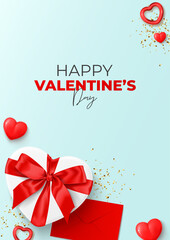 Fototapeta na wymiar Happy Valentine's Day flyer. Top view on realistic gift box with red satin bow, closed envelope, red hearts and gold confetti. Vector illustration with decorative objects for Valentine's Day.