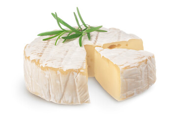 Camembert cheese with rosemary isolated on white background with clipping path and full depth of field