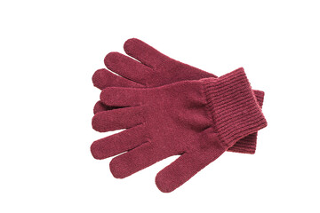 Pair of dark red woolen ladies gloves isolated on white background, female accessory