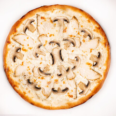 Fresh pizza with mushroom, chicken and cheese isolated on white background. Copyspace. Top view.