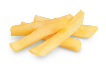 French fries or fried potatoes isolated on white background with clipping path and full depth of field