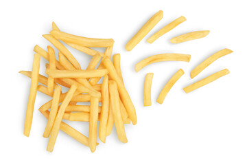 French fries or fried potatoes isolated on white background with clipping path and full depth of field. Top view. Flat lay