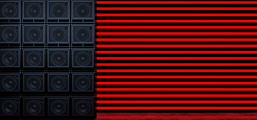 Two walls of guitar amplifiers on the background of horizontal red glowing stripes. Background of the luminous bands and guitar amplifiers.. 3D Illustration