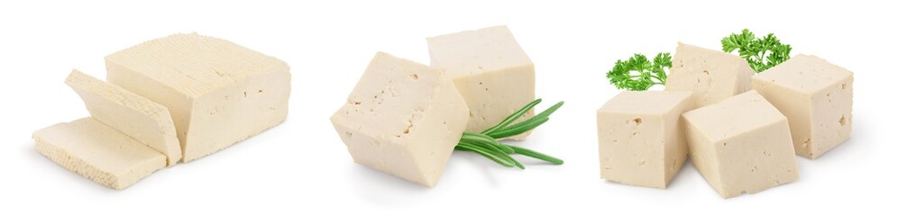 tofu cheese isolated on white background with clipping path and full depth of field, Set or collection