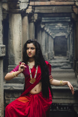 Portrait of beautiful Indian girl in heritage stepwell wearing traditional Indian red saree, gold...