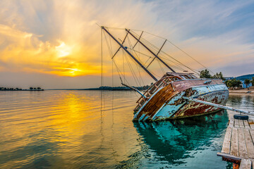 Sunked yacht on Akbuk Beach in Didim