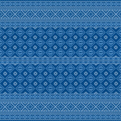 Embroidered good cross-stitch pattern for embroidery. Ukrainian ethnic ornament. ethnic handmade embroidery in blue color. 3D-rendering