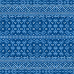 Embroidered good cross-stitch pattern for embroidery. Ukrainian ethnic ornament. ethnic handmade embroidery in blue color. 3D-rendering
