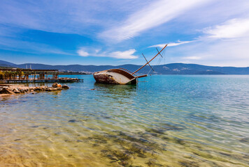 Sunked yacht on Akbuk Beach in Didim