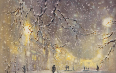 Winter illustration with houses on night sky with snow background