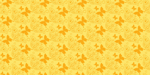 Decorative background pattern. Orange butterflies on a yellow background. Seamless wallpaper texture. Vector image