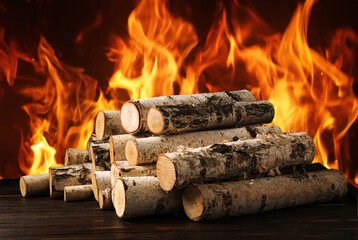 Dry wood and burning fire on background. Cozy atmosphere
