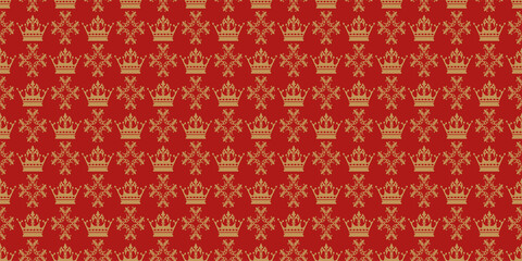 Decorative background with royal ornament. Gold crowns on a burgundy background. Seamless wallpaper texture. Vector image
