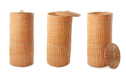 Set with empty wicker baskets on white background